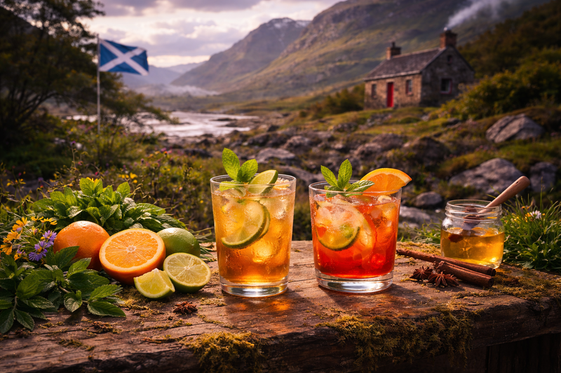 Two glasses of Crisdean Gin accompanied by natural ingredients orange, lime, cinnamon and honey.  