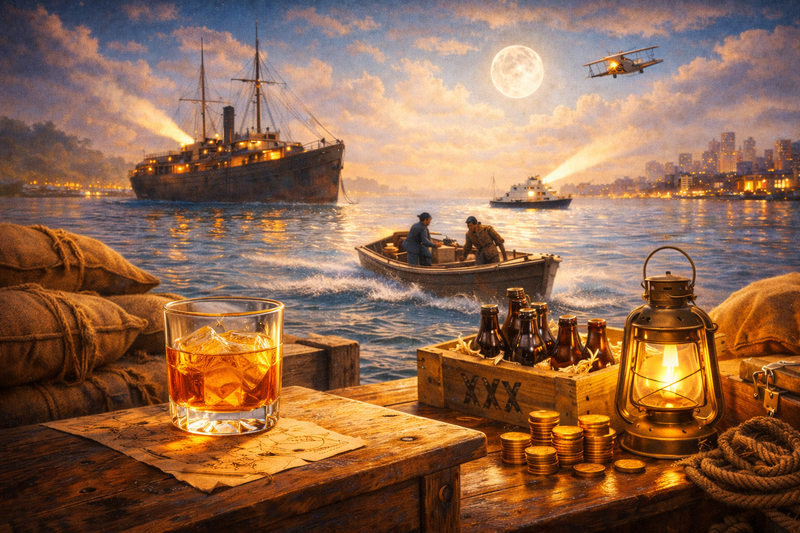 Vintage scene with a ship, boat, and lantern on a wooden table by the water.